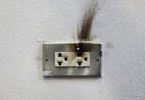 Damaged electrical outlet with melted plastic and burn marks from electrical short circuit